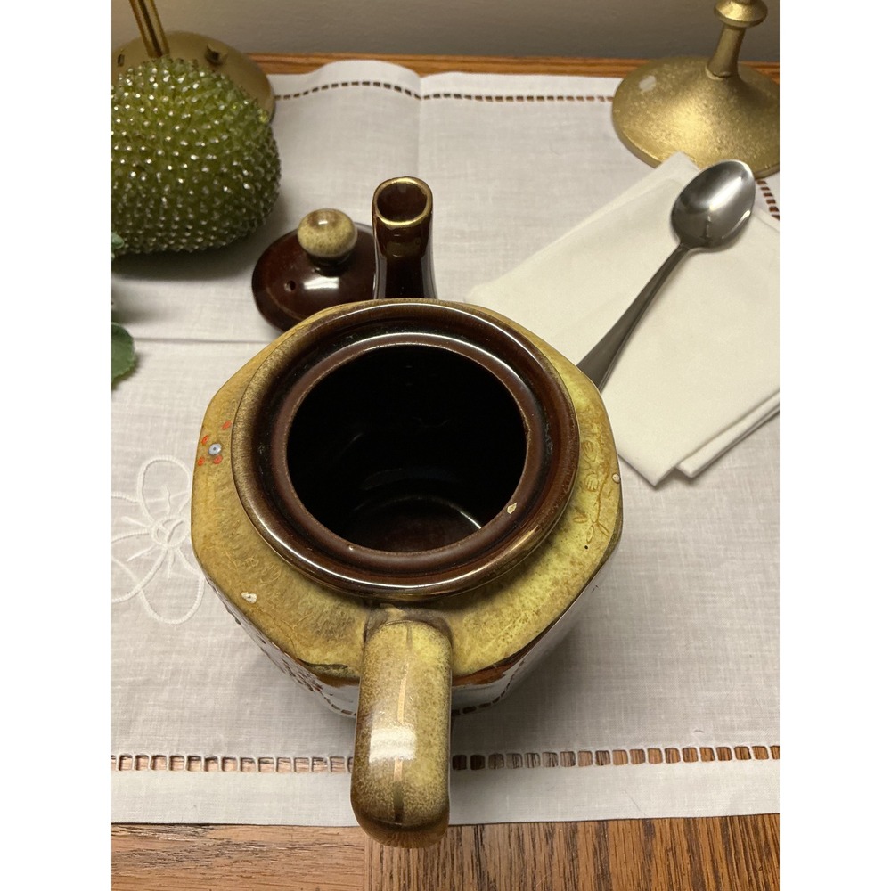 Vintage Japanese Ceramic Teapot Brown Drip Glaze Hand Painted Floral Hexagonal - Picture 5 of 11